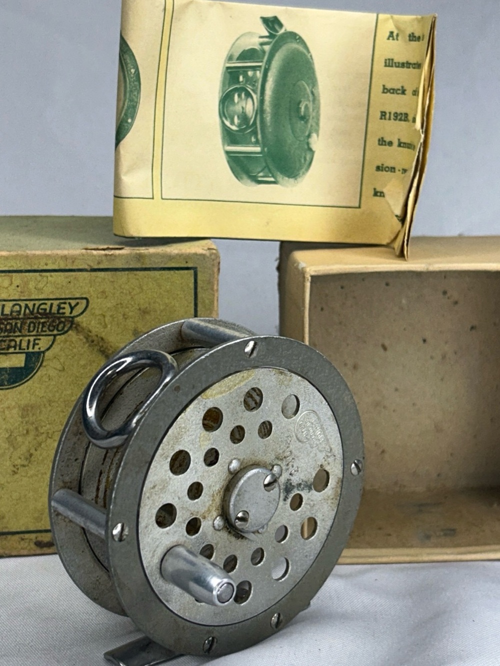 Vintage LANGLEY of SAN Diego vintage fly reel bix and paperwork